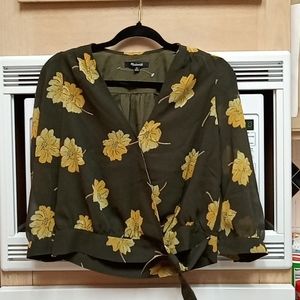 Nwot Madewell olive green with yellow flowers, sheer sleeves